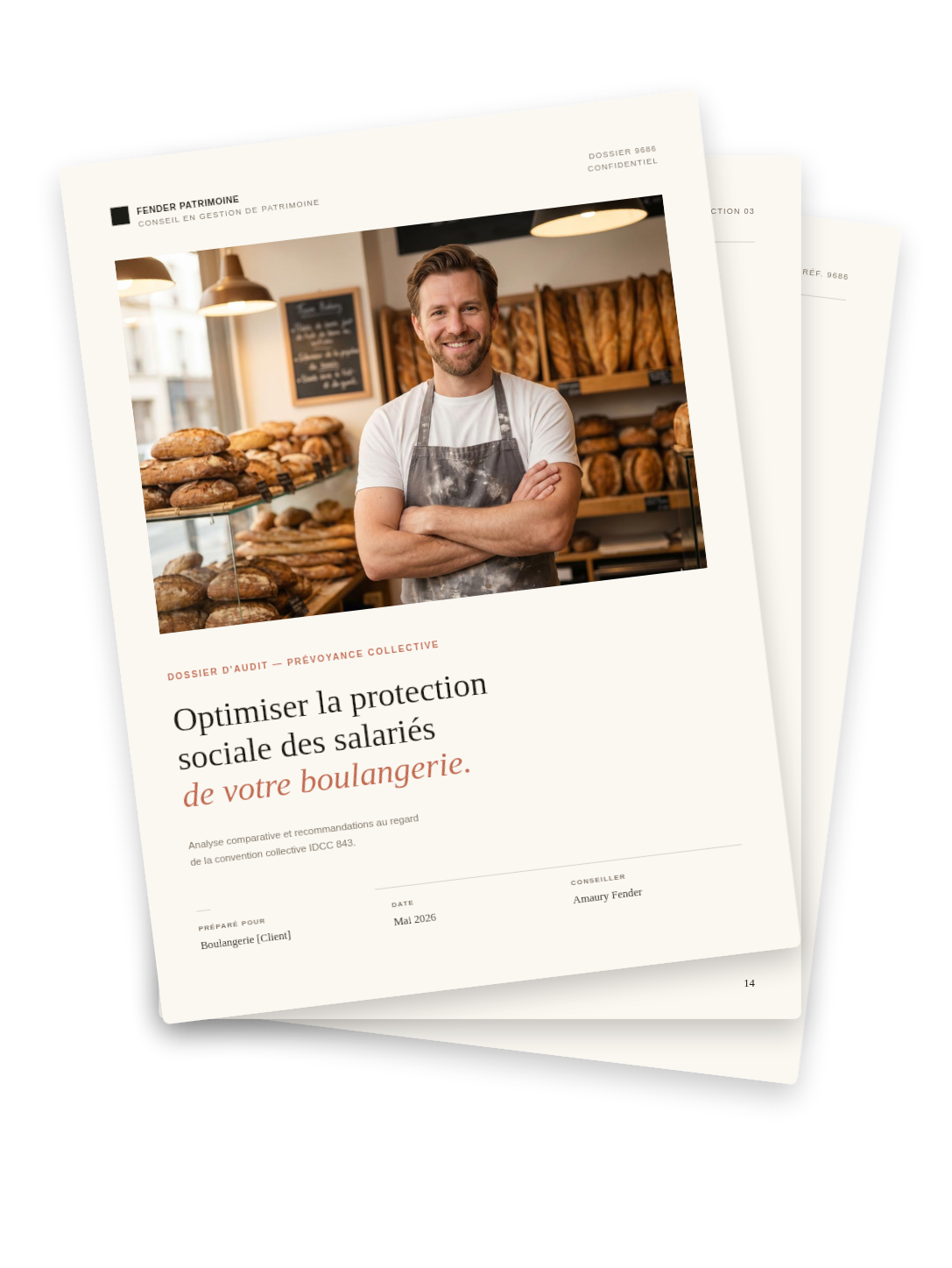 Mockup d'un rapport d'audit santé collective Fender Patrimoine — page de couverture, comparatif tarifaire et garanties anonymisés